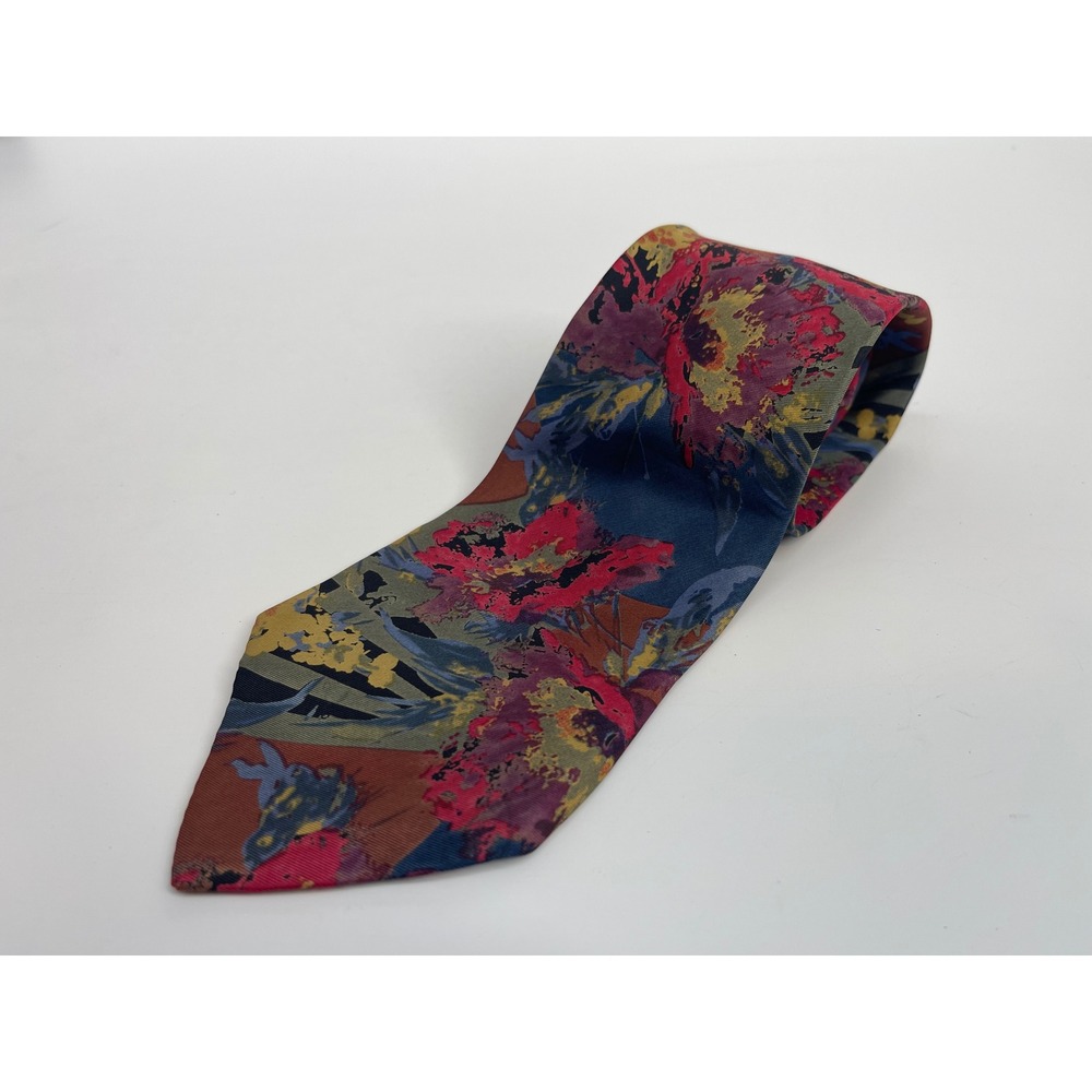 Armani Mens Silk Necktie Floral Abstract Red Blue Italian Silk Formal Tie